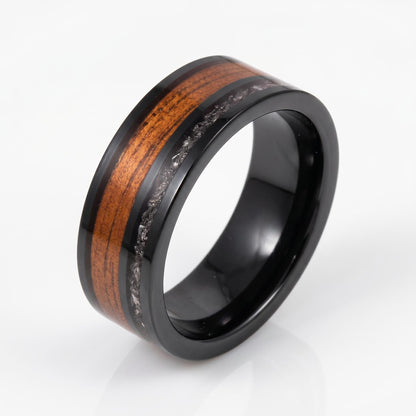 Men Black Tungsten Carbide Ring with Meteorite & Koa Wood ~ Modern Nature Groom Wedding Band ~ Earthy Wedding Anniversary Gif