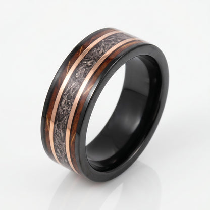 Meteorite Ring with Charred Whiskey Barrel, Black Tungsten Ring, Black Wedding Ring, Mens Wedding Band, Mens Ring, Anniversar