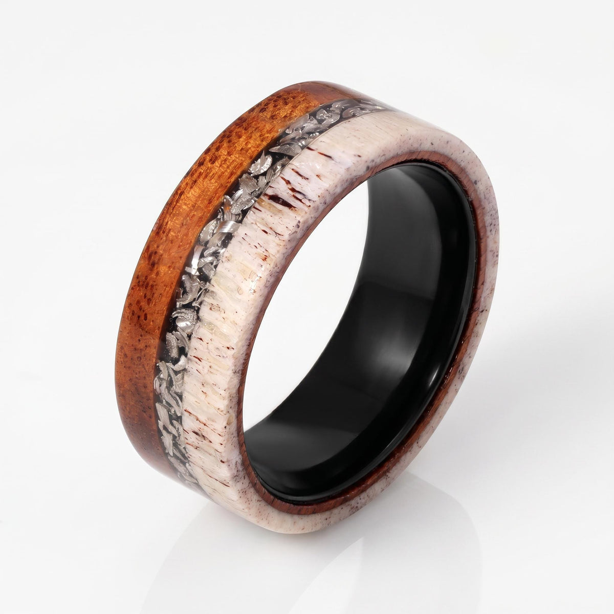 Meteorite Ring with Ironwood, Antler Ring, Black Tungsten Ring, Black Wedding Ring, Mens Wedding Band, Mens Ring, Anniversary