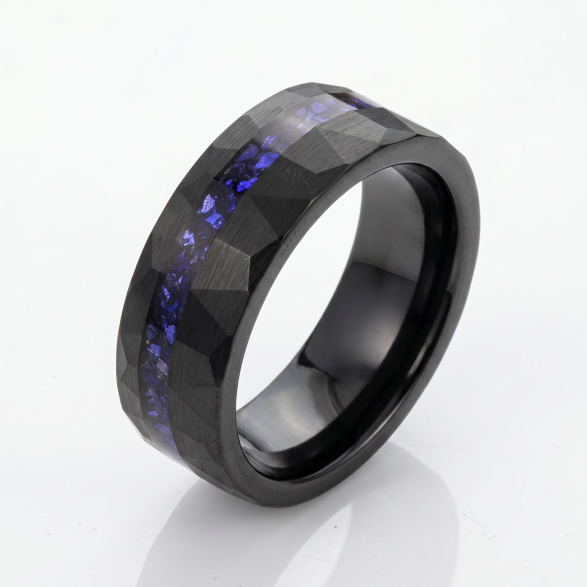 Black Sapphire Tungsten Ring | 8mm Hammered Mens Wedding Band ~ Sapphire Tungsten Carbide Ring - Black Sapphire Statement Jew