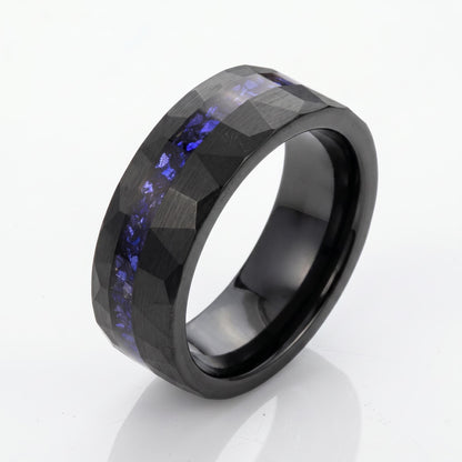 Black Sapphire Tungsten Ring | 8mm Hammered Mens Wedding Band ~ Sapphire Tungsten Carbide Ring - Black Sapphire Statement Jew