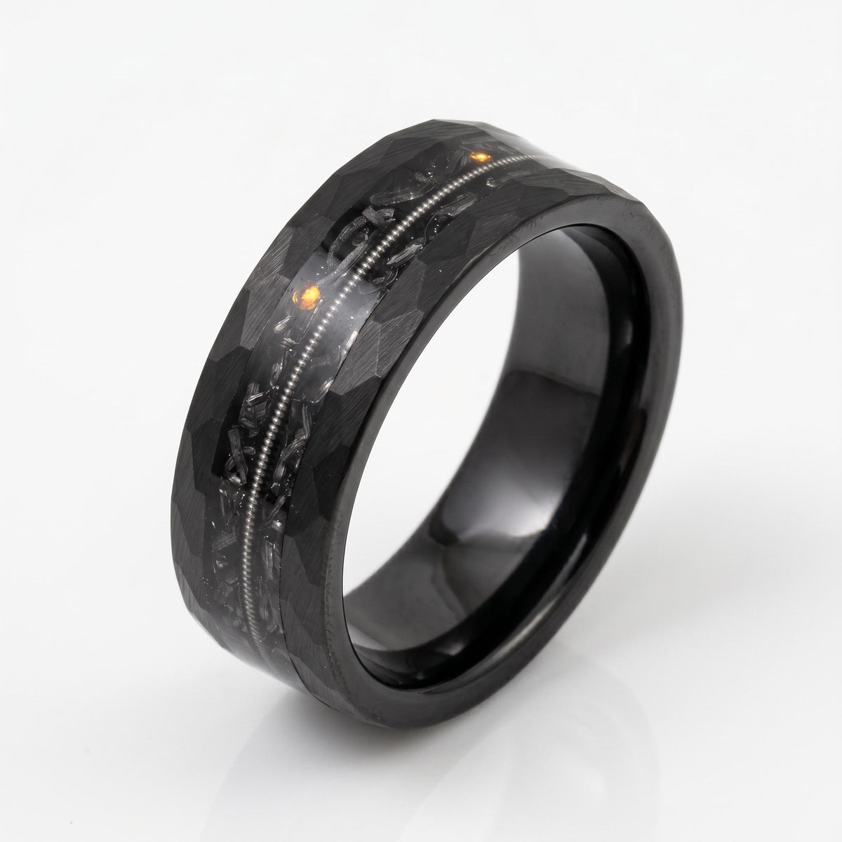 Men Black Hammered Tungsten Carbide Ring with Meteorite & Guitar String | 8mm Wedding Band for Musician | Anniversary Engagem