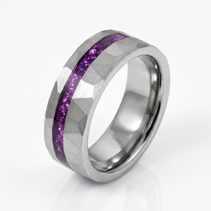 Men Silver and Purple Amethyst Ring ~ Hammered Tungsten Wedding Ring ~ Unisex Promise Ring ~ Men Wedding Band ~ Anniversary R