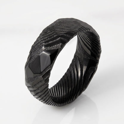 Hammered Black Damascus Ring for Men | Wavy Pattern Statement Ring ~ Mens Black Wedding Band ~ Hammered Black Ring ~ Festival