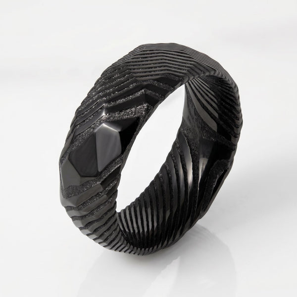 Hammered Black Damascus Ring for Men | Wavy Pattern Statement Ring ~ Mens Black Wedding Band ~ Hammered Black Ring ~ Festival