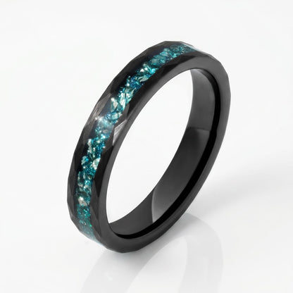 Aquamarine Ring, Hammered Black Tungsten Ring, Mens Wedding Band, Womens Wedding Ring, Anniversary Gift, Comfort Fit, 4mm Rin