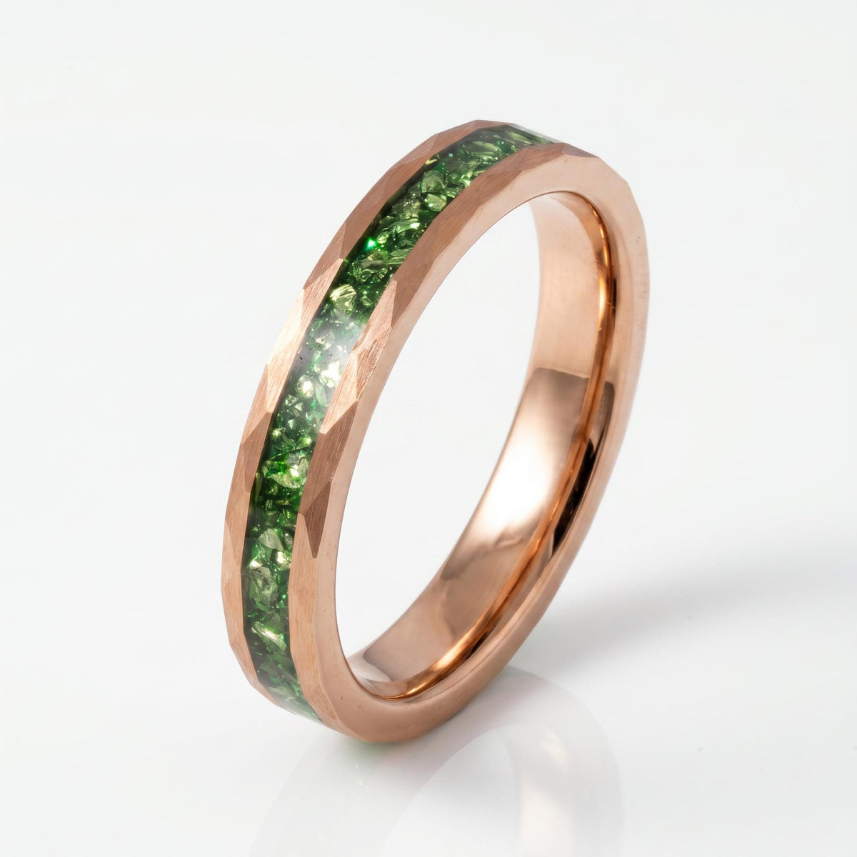 Mens Green Emerald Ring ~ Hammered Tungsten Ring (8mm, 4mm) ~ Rose Gold Wedding Band ~ Emerald Jewelry Gift for Her ~ Modern 