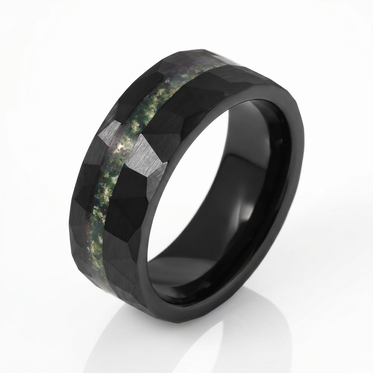 Moss Agate Ring, Hammered Tungsten Ring, Hammered Black Ring, Black Wedding Ring, Mens Wedding Band, Mens Ring, Anniversary R
