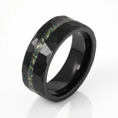 Moss Agate Ring, Hammered Tungsten Ring, Hammered Black Ring, Black Wedding Ring, Mens Wedding Band, Mens Ring, Anniversary R