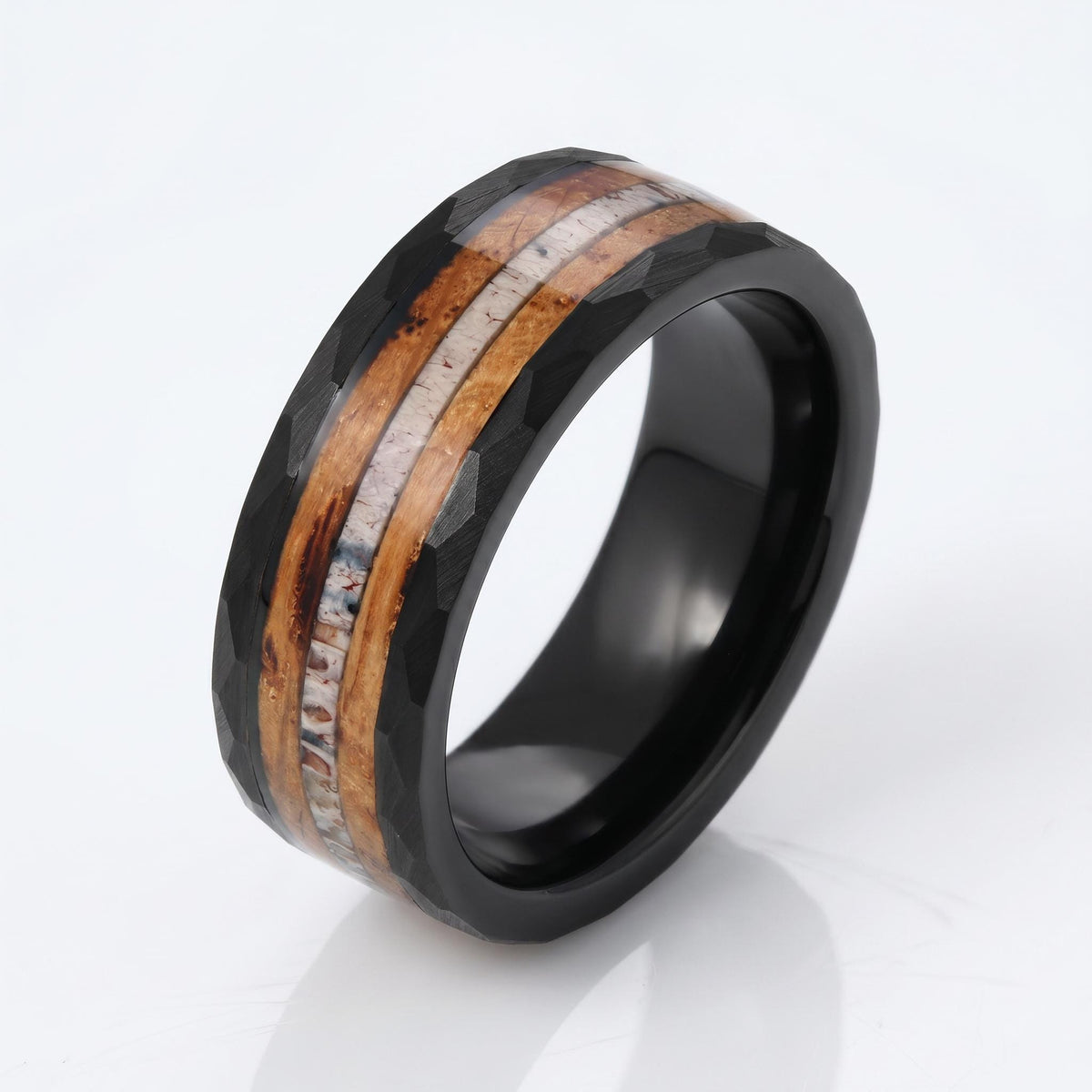 Charred whiskey barrel ring with antler, antler ring, hammered tungsten ring, hammered black ring, black tungsten ring, black