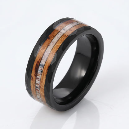 Charred whiskey barrel ring with antler, antler ring, hammered tungsten ring, hammered black ring, black tungsten ring, black