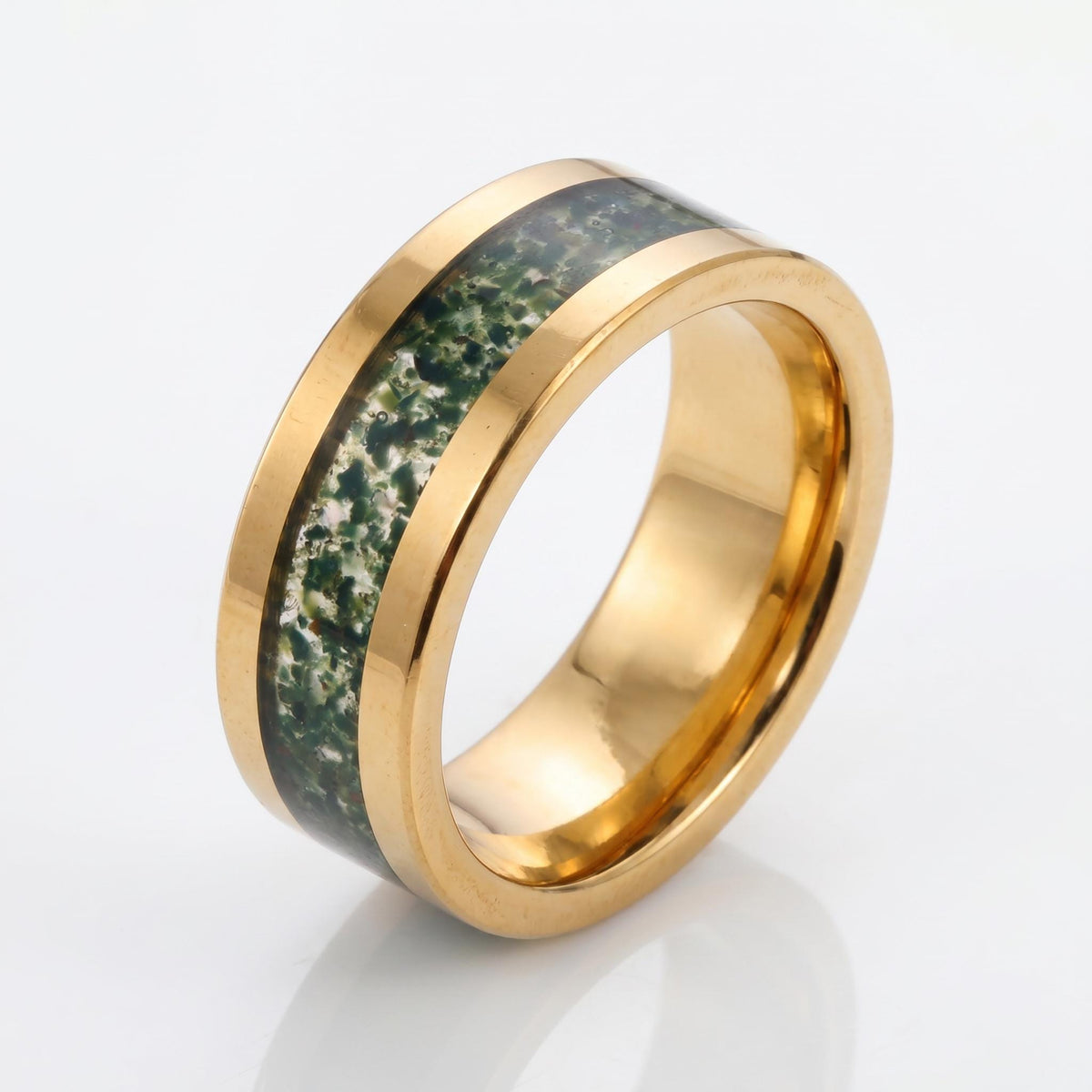 Moss Agate Gold Ring for Men ~ Nature Inspired Wedding Band ~ Green Moss Agate Ring - Unique Handcrafted Tungsten Jewelry Gif