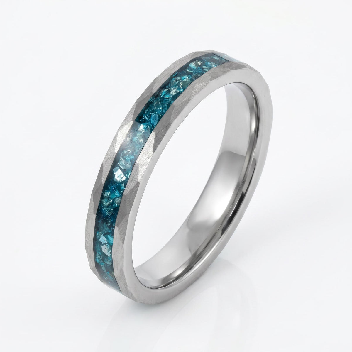 Hammered Brushed Silver Tungsten Ring with Aquamarine | Unisex Blue Gemstone Wedding Band ~ Durable Anniversary Jewelry for M