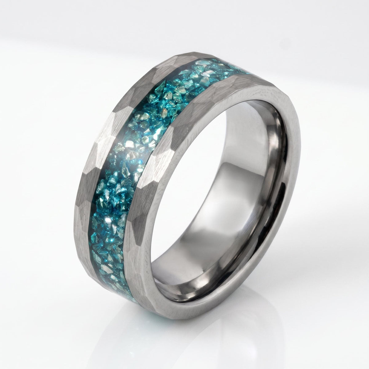 Hammered Brushed Silver Tungsten Ring with Aquamarine | Unisex Blue Gemstone Wedding Band ~ Durable Anniversary Jewelry for M