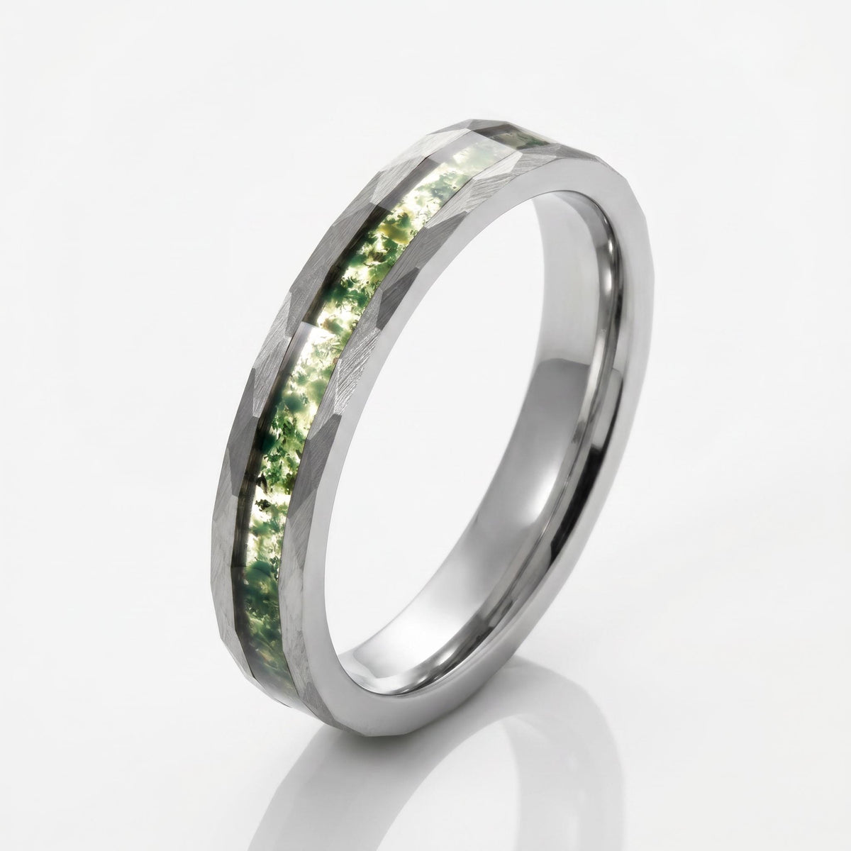 Moss agate ring, hammered silver tungsten ring, mens wedding band, womens wedding ring, anniversary gift, comfort fit, 4mm ri