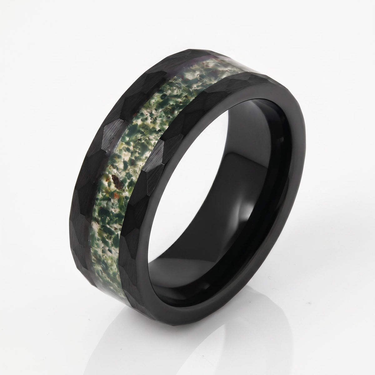 Moss Agate Ring, Hammered Tungsten Ring, Hammered Black Ring, Black Tungsten Ring, Black Wedding Ring, Mens Wedding Band, Wom