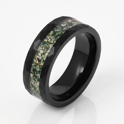 Moss Agate Ring, Hammered Tungsten Ring, Hammered Black Ring, Black Tungsten Ring, Black Wedding Ring, Mens Wedding Band, Wom