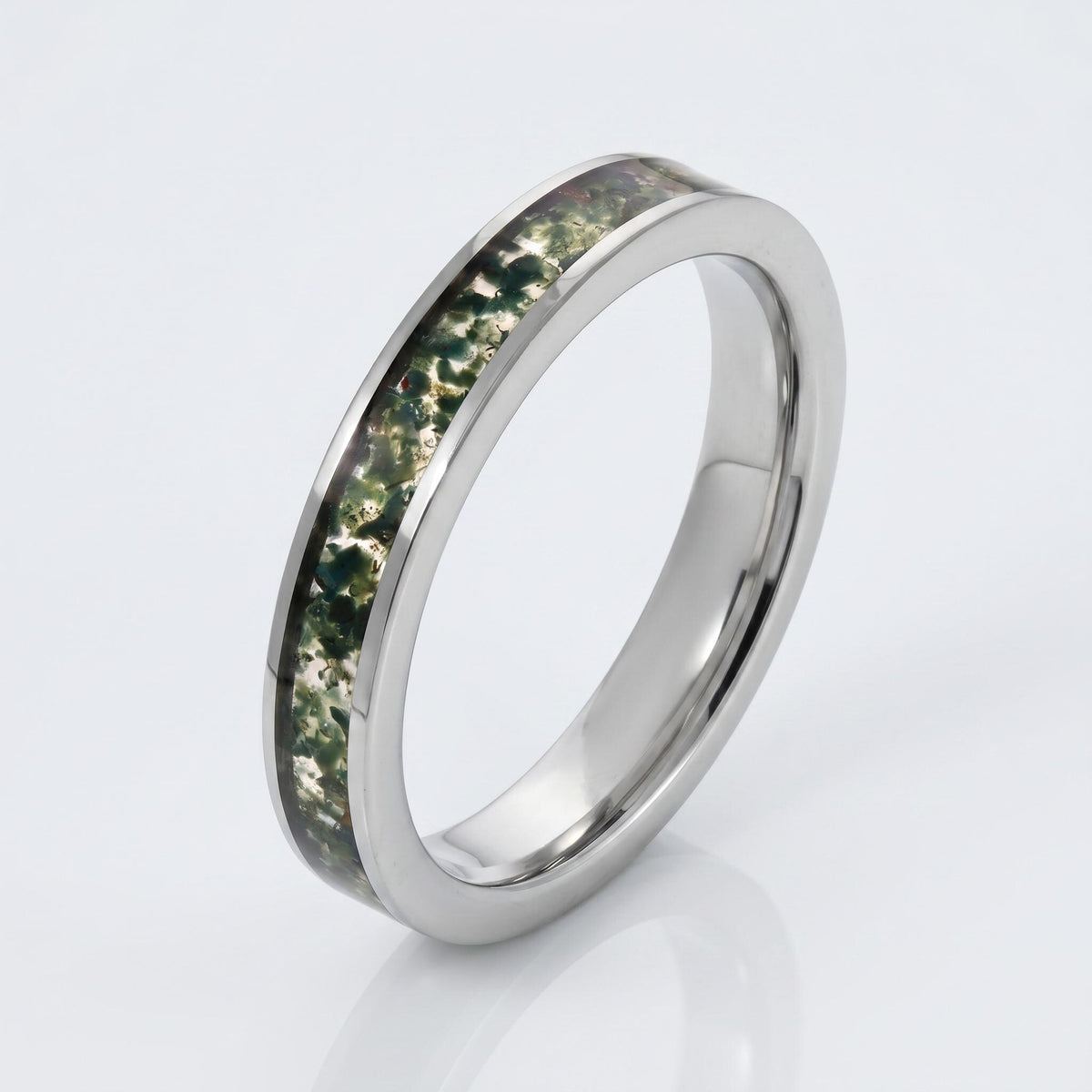 Moss Agate Ring, Silver Tungsten Ring, Silver Wedding Ring, Mens Wedding Band, Womens Ring, Anniversary Ring, Engagement Ring