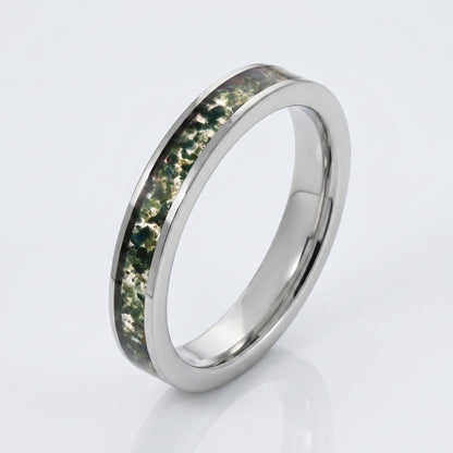 Moss Agate Ring, Silver Tungsten Ring, Silver Wedding Ring, Mens Wedding Band, Womens Ring, Anniversary Ring, Engagement Ring