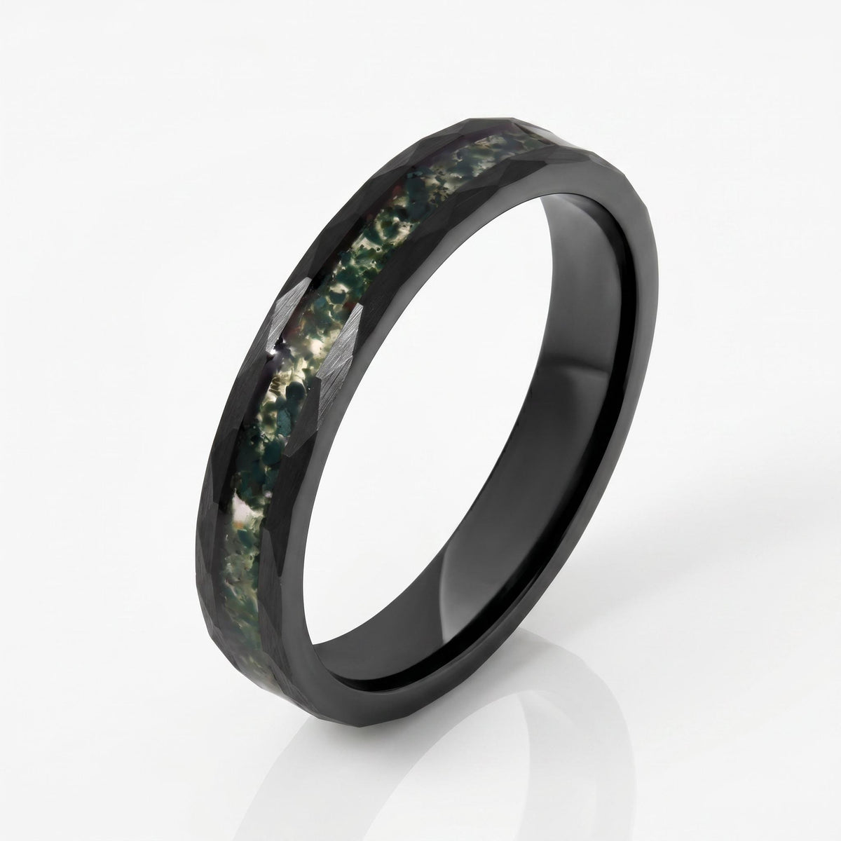 Moss Agate Ring, Hammered Tungsten Ring, Hammered Black Ring, Black Tungsten Ring, Black Wedding Ring, Mens Wedding Band, Wom