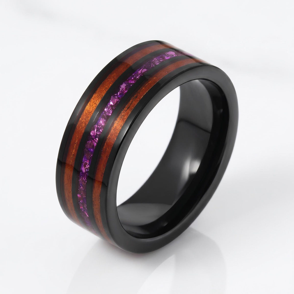 Men Black Tungsten Amethyst Ring with Koa Wood Inlay - Men Wedding or Anniversary Ring ~ Amethyst Wood Ring (Engraved & Scrat