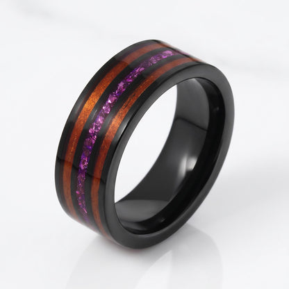 Men Black Tungsten Amethyst Ring with Koa Wood Inlay - Men Wedding or Anniversary Ring ~ Amethyst Wood Ring (Engraved & Scrat