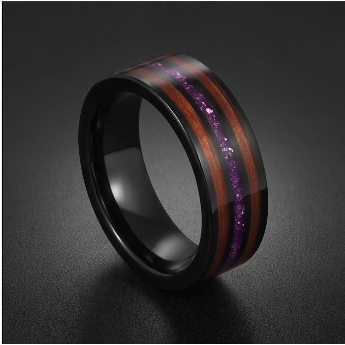 Men Black Tungsten Amethyst Ring with Koa Wood Inlay - Men Wedding or Anniversary Ring ~ Amethyst Wood Ring (Engraved & Scrat