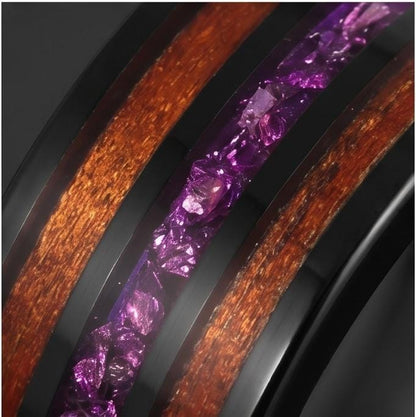 Men Black Tungsten Amethyst Ring with Koa Wood Inlay - Men Wedding or Anniversary Ring ~ Amethyst Wood Ring (Engraved & Scrat