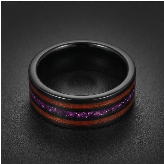 Men Black Tungsten Amethyst Ring with Koa Wood Inlay - Men Wedding or Anniversary Ring ~ Amethyst Wood Ring (Engraved & Scrat