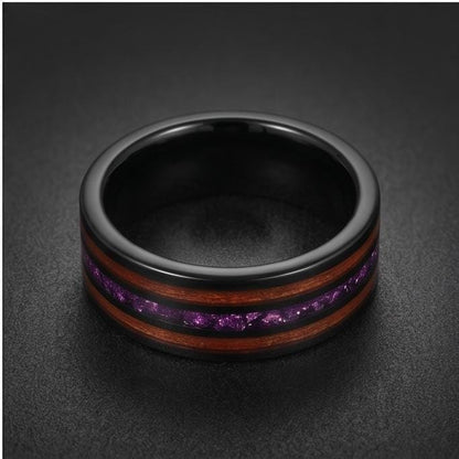 Men Black Tungsten Amethyst Ring with Koa Wood Inlay - Men Wedding or Anniversary Ring ~ Amethyst Wood Ring (Engraved & Scrat