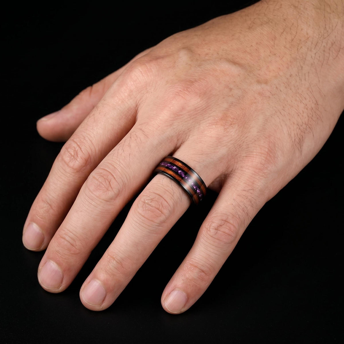 Men Black Tungsten Amethyst Ring with Koa Wood Inlay - Men Wedding or Anniversary Ring ~ Amethyst Wood Ring (Engraved & Scrat
